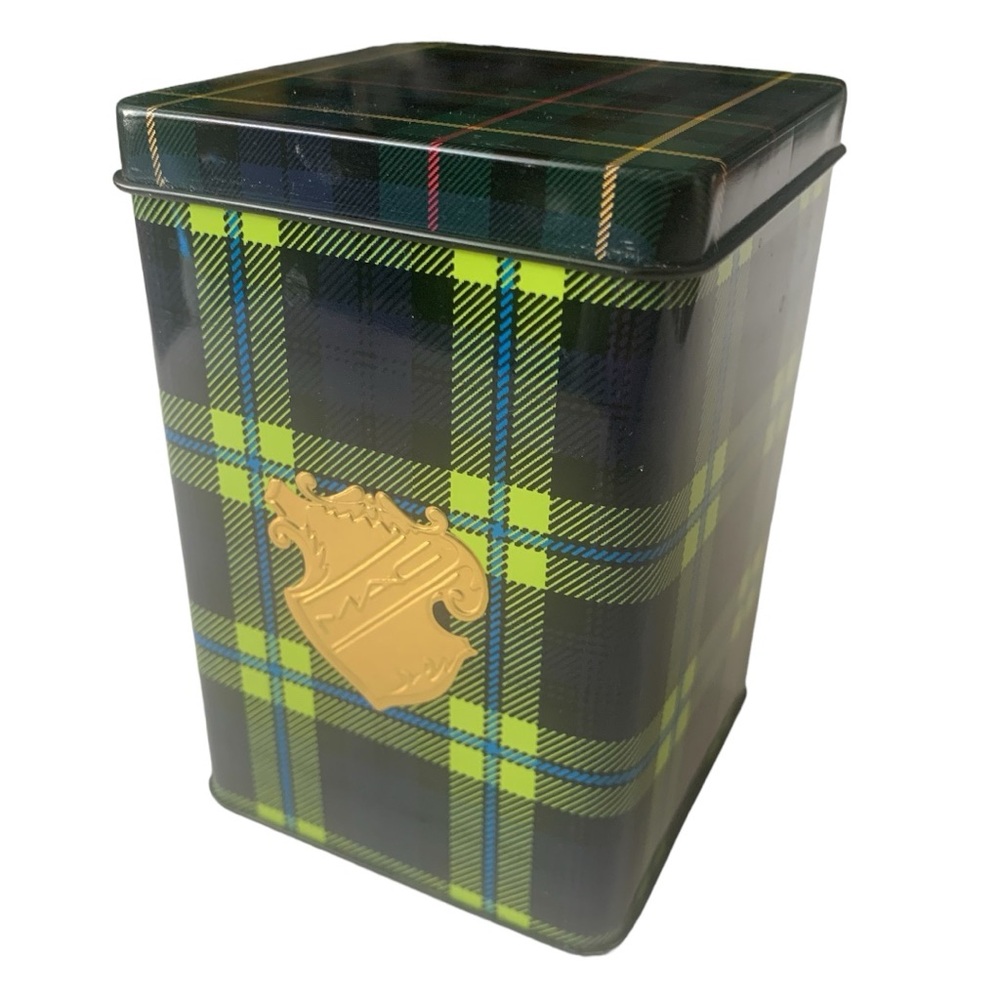 VTG MAC Makeup Tartan Plaid Gold Emblem Metal Storage Tin Container Empty